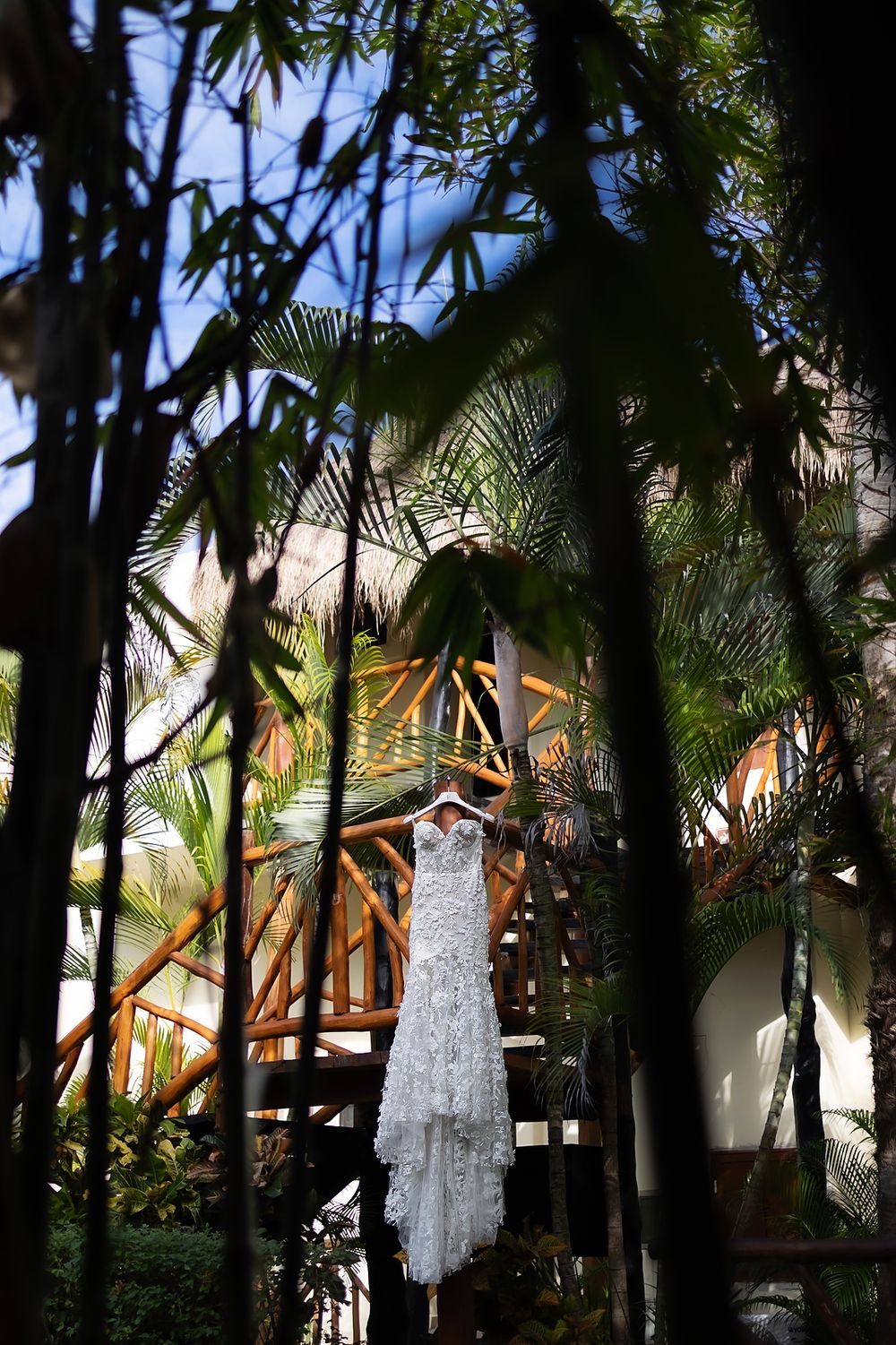 Wedding dress details during getting ready at Generations Riviera Maya.
