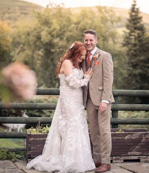 A series of romantic wedding photos showing a couple in formal attire embracing on a wooden deck in golden sunset light.