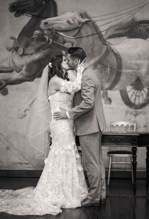 A series of vintage black and white wedding photos showing romantic moments between newlyweds in classic attire.