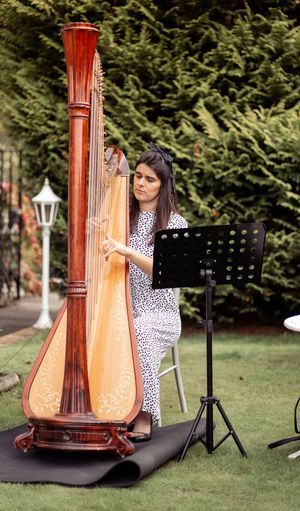 Professional harpist performs on an elegant wooden harp during an outdoor wedding ceremony.