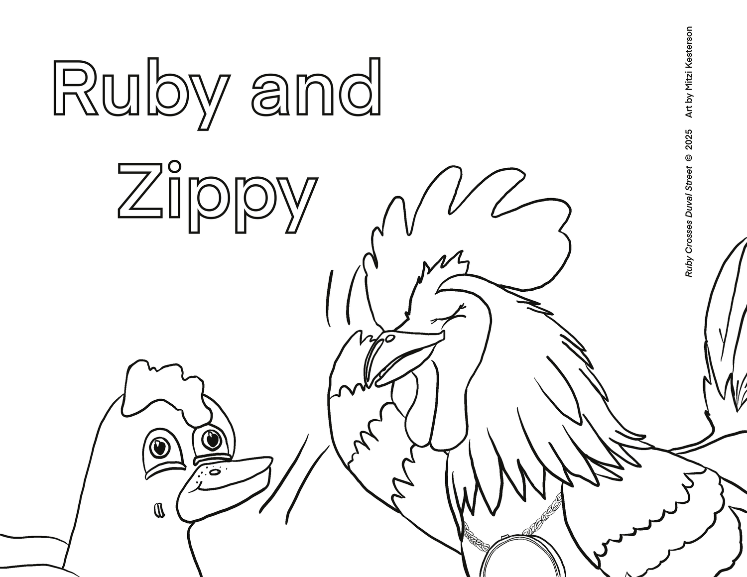A coloring page including Ruby, Zippy, and their names.