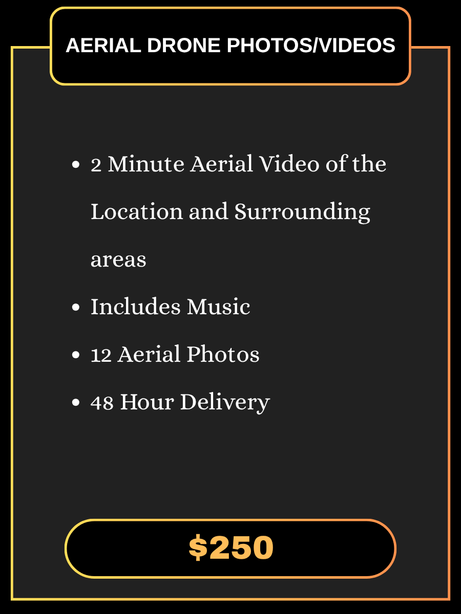 Service package details for aerial drone photos and videos with 2-minute aerial footage for $250.