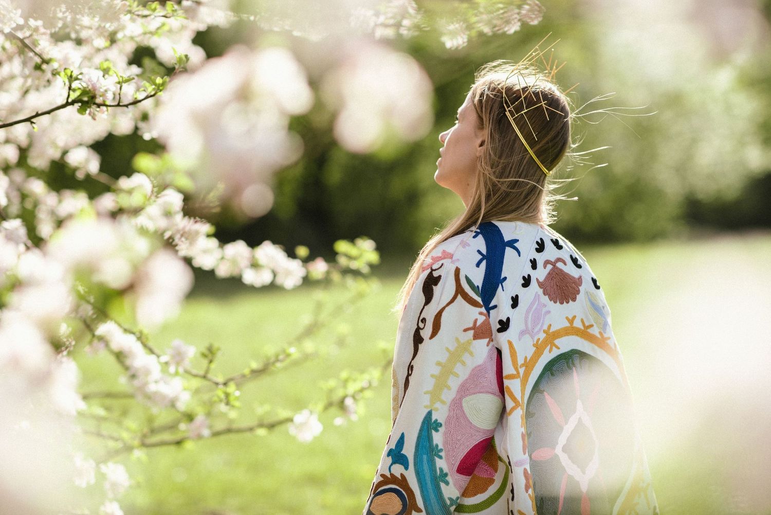 Romantic spring scene with cherry blossoms and soft natural lighting in garden setting.