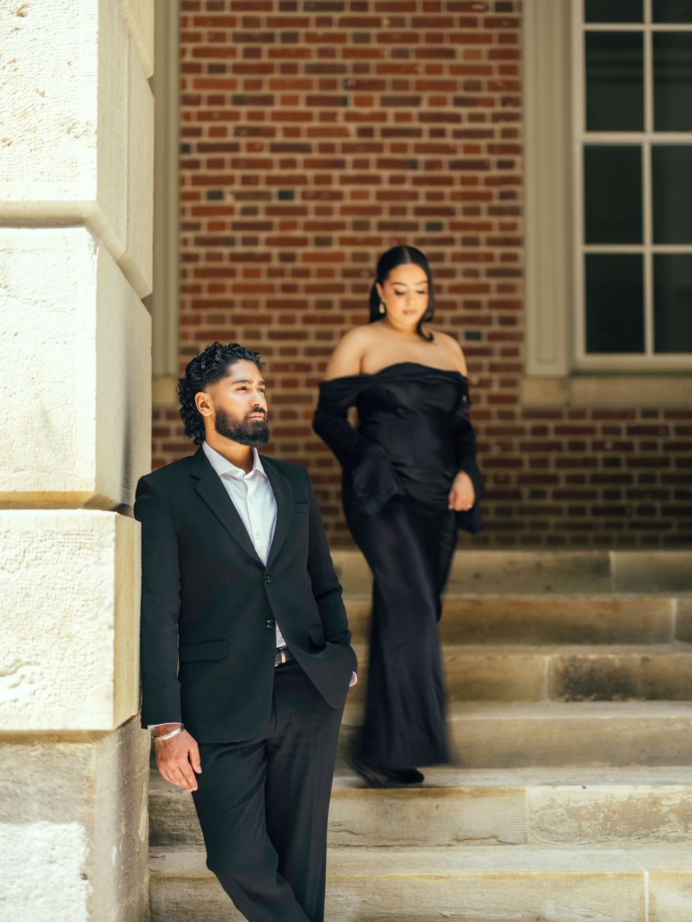 Four connected wedding photos show the couple in formal attire posing against a brick building with white columns.