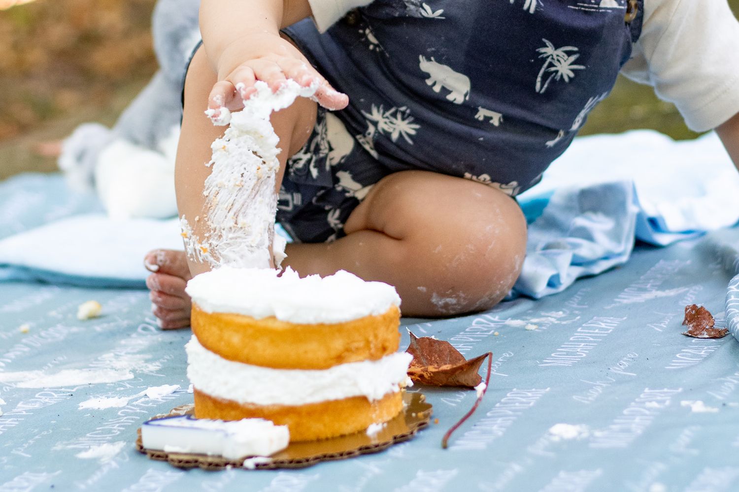 Close-up shots of a cake smash sequence with white frosting on a blue tablecloth.