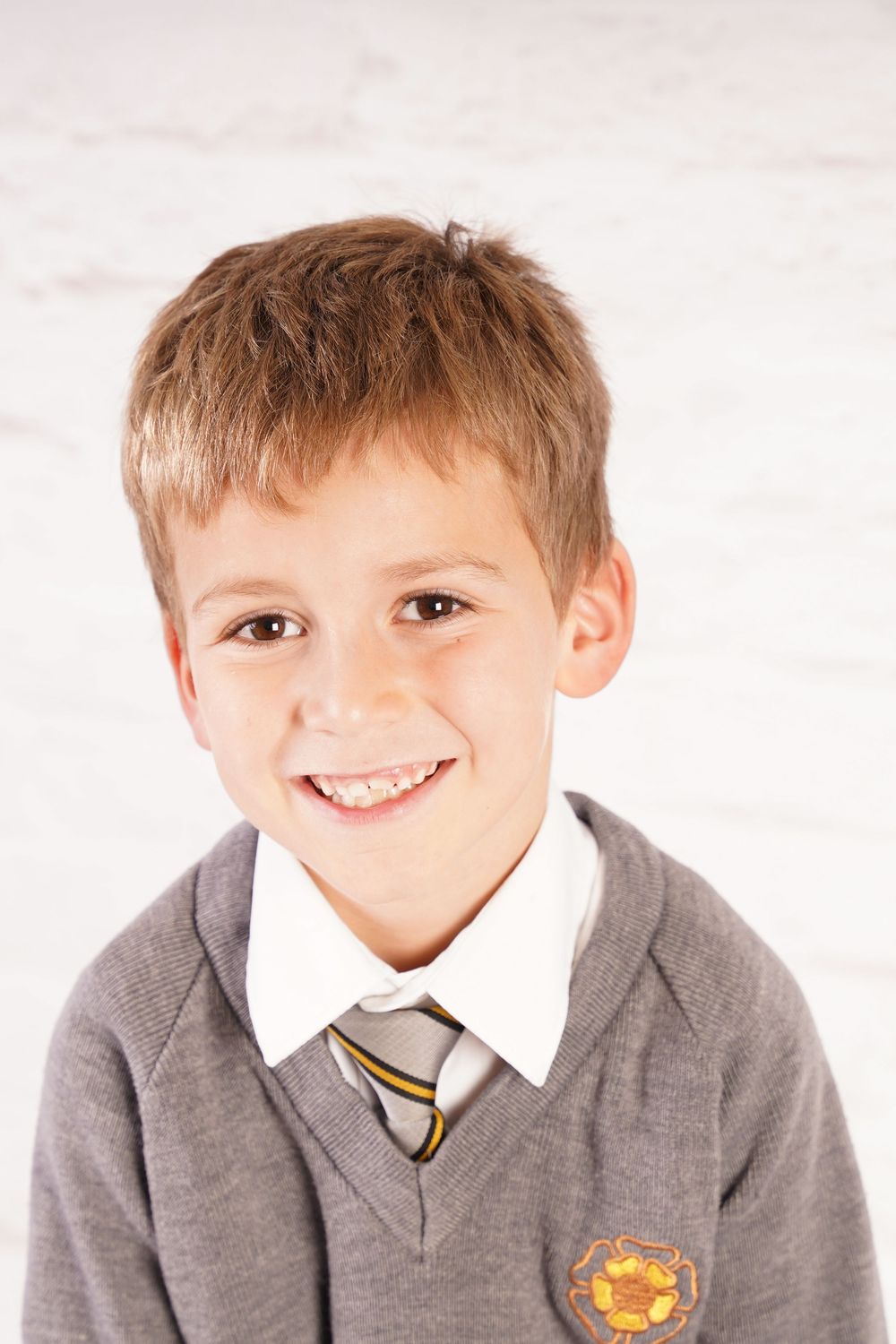 Student wearing grey school sweater with tie poses for multiple casual portrait shots.