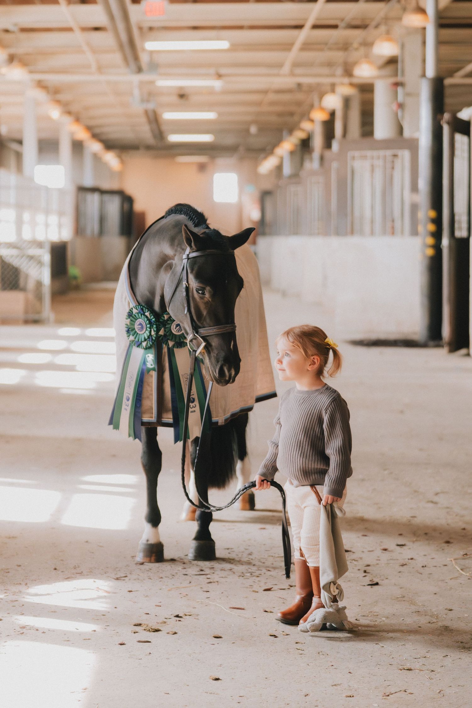 A young child in a gray sweater stands beside a black horse wearing tack in a sunlit stable hallway.
