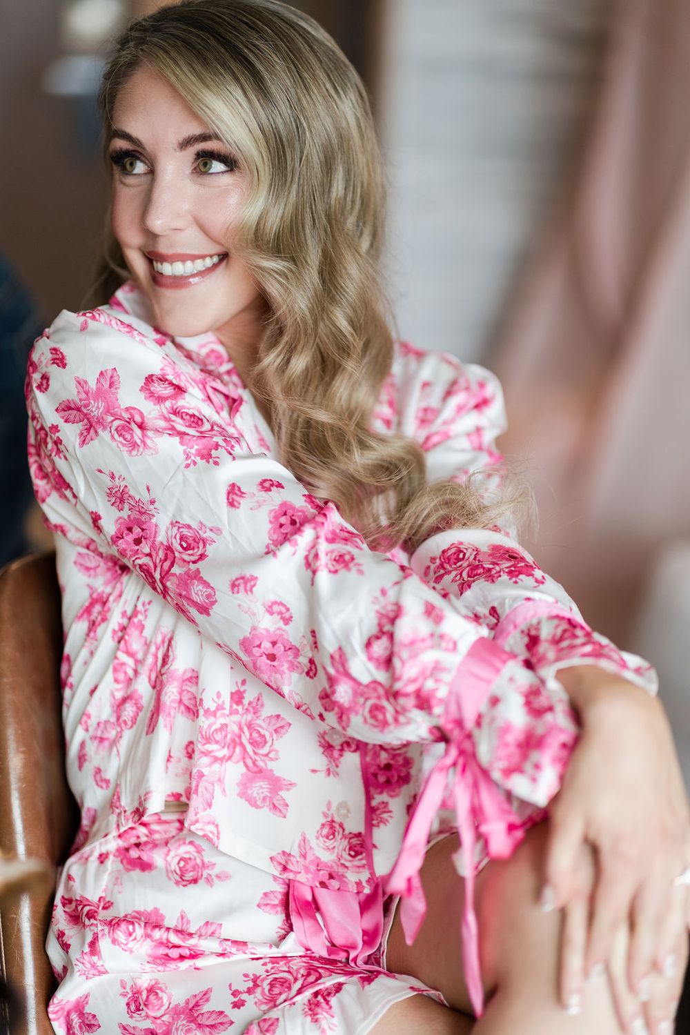 Floral pink and white robe with ruffled sleeves shown in multiple detail shots.