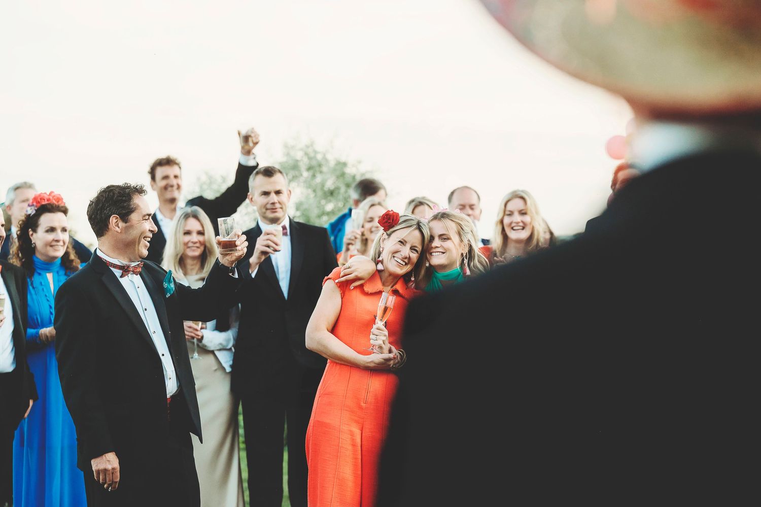 Wedding party members playfully pose in a sequence of fun group photos in a grassy field against blue skies.
