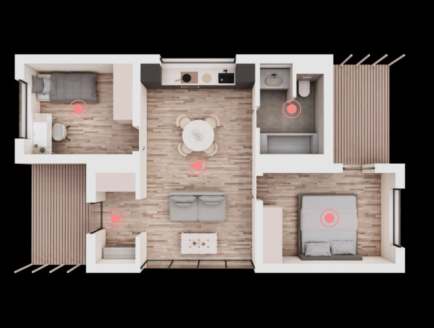 Interior floor plan rendering showing a linear apartment layout with kitchen, living area, bathroom and bedroom spaces.
