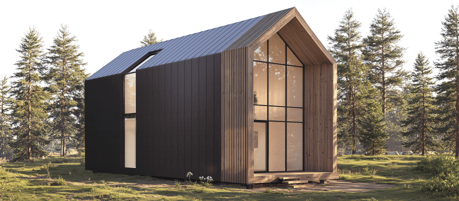 Minimalist white modular home with vertical panels and large windows set in an arid landscape.