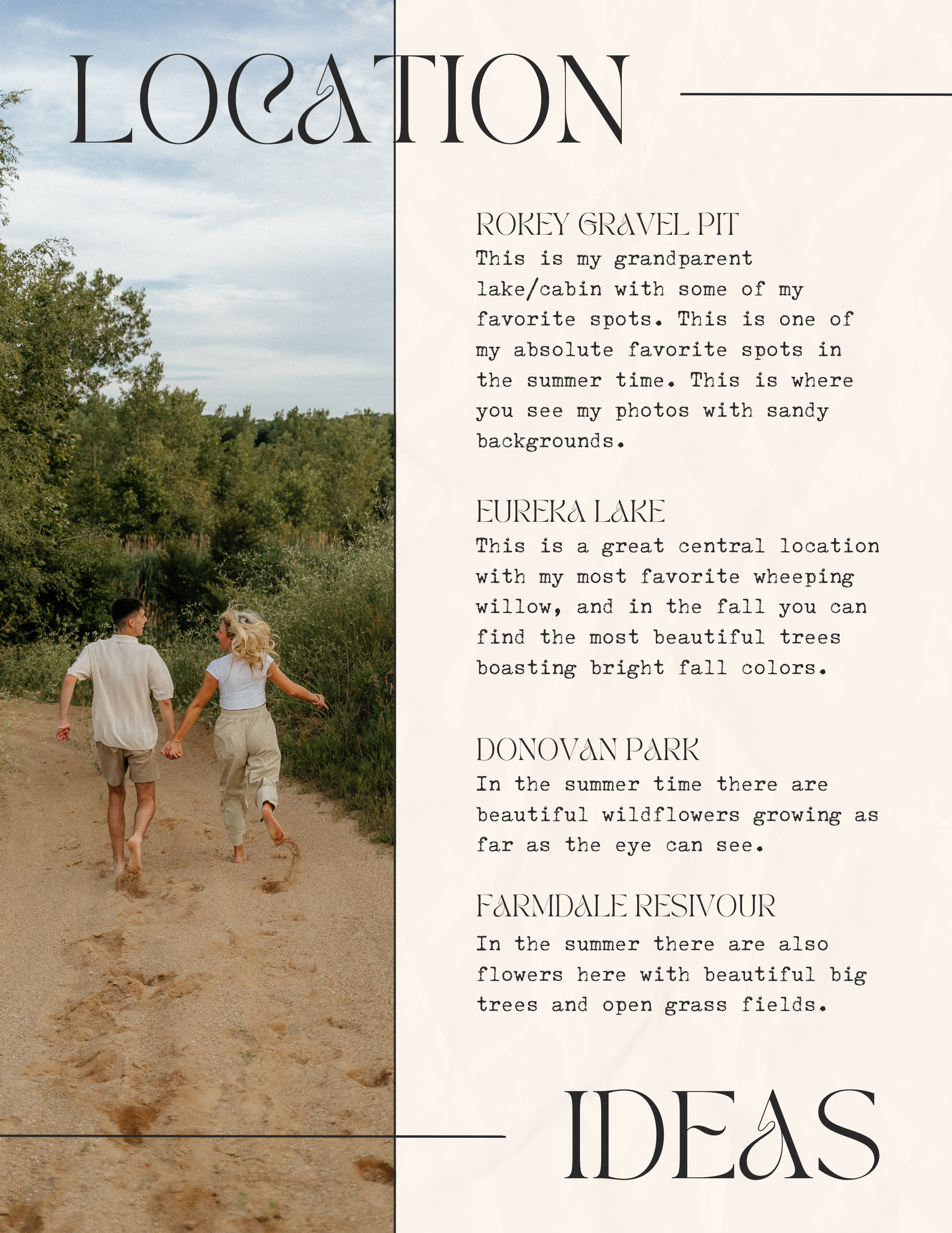 Group walking along a sandy trail through nature during golden hour with handwritten text overlays about locations.