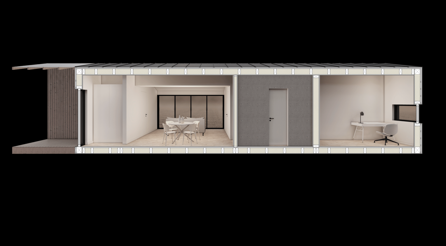 3D architectural section rendering showing interior spaces of a modern minimalist structure with white walls.