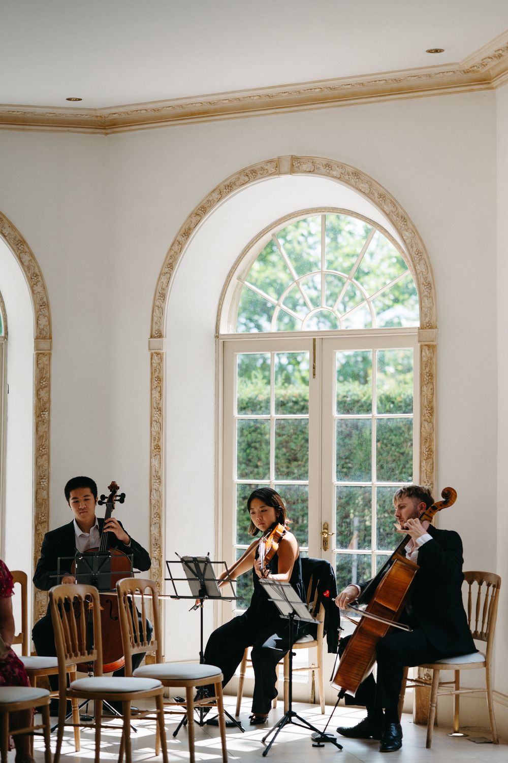 Classical musicians perform with stringed instruments in an elegant room with arched windows and natural lighting.