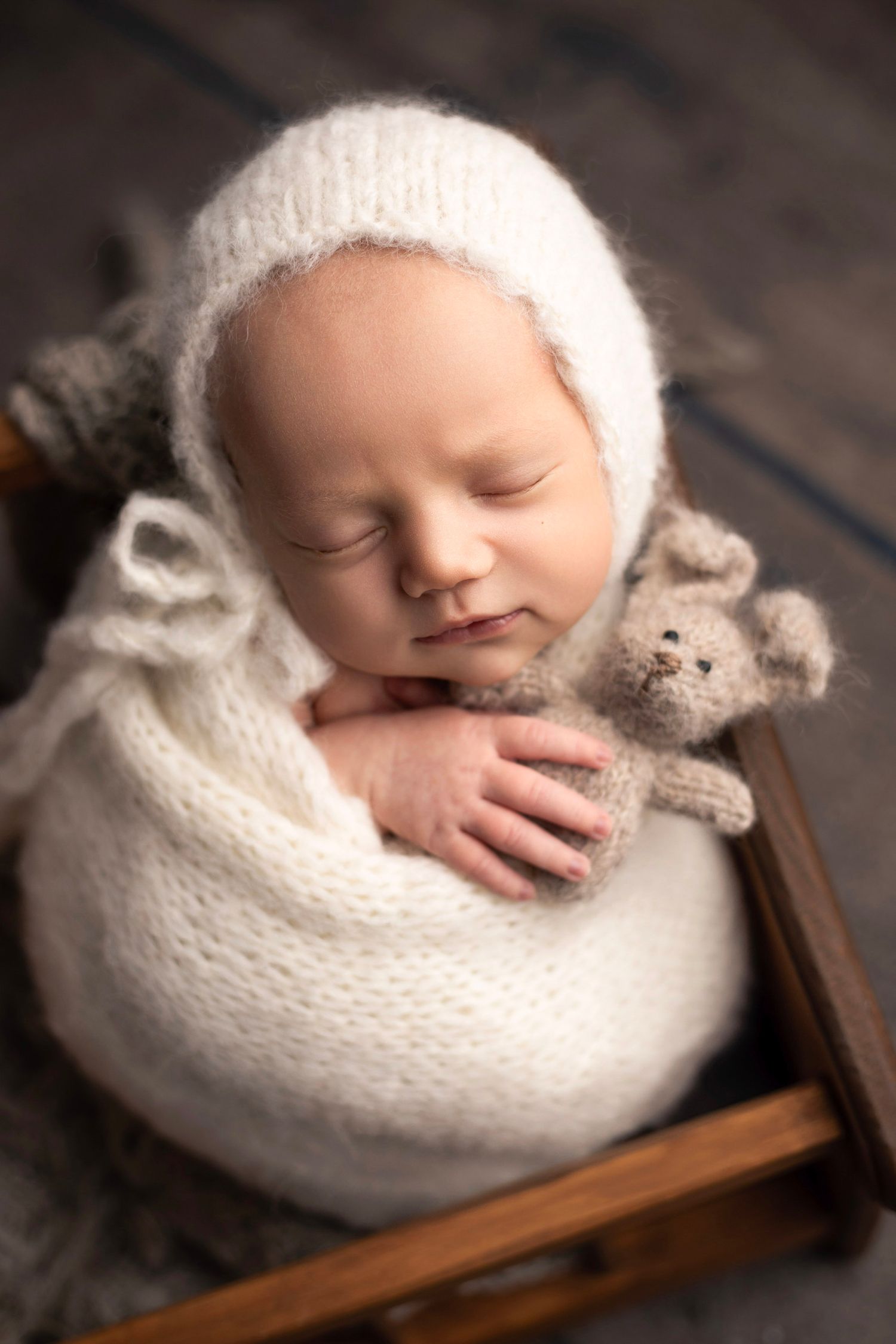Professional newborn portrait of a newborn baby posed in a prop. Taken in Nashville area studio by Amber Reda Photography.