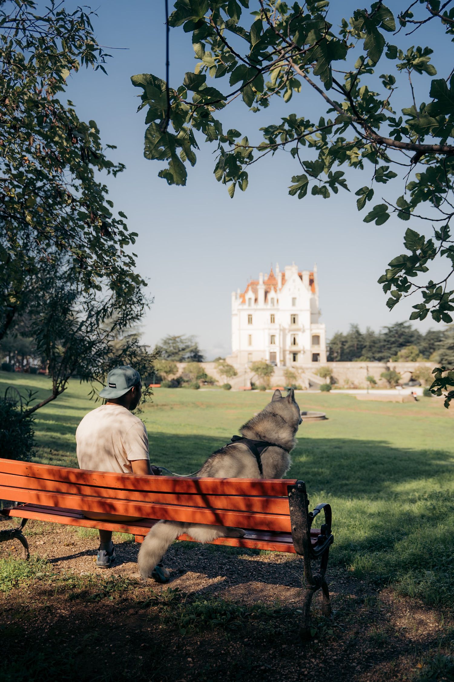 Promeneur et son chien assis sur un banc dans le Parc du château de Valmy au-dessus d'Argelès-sur-Mer