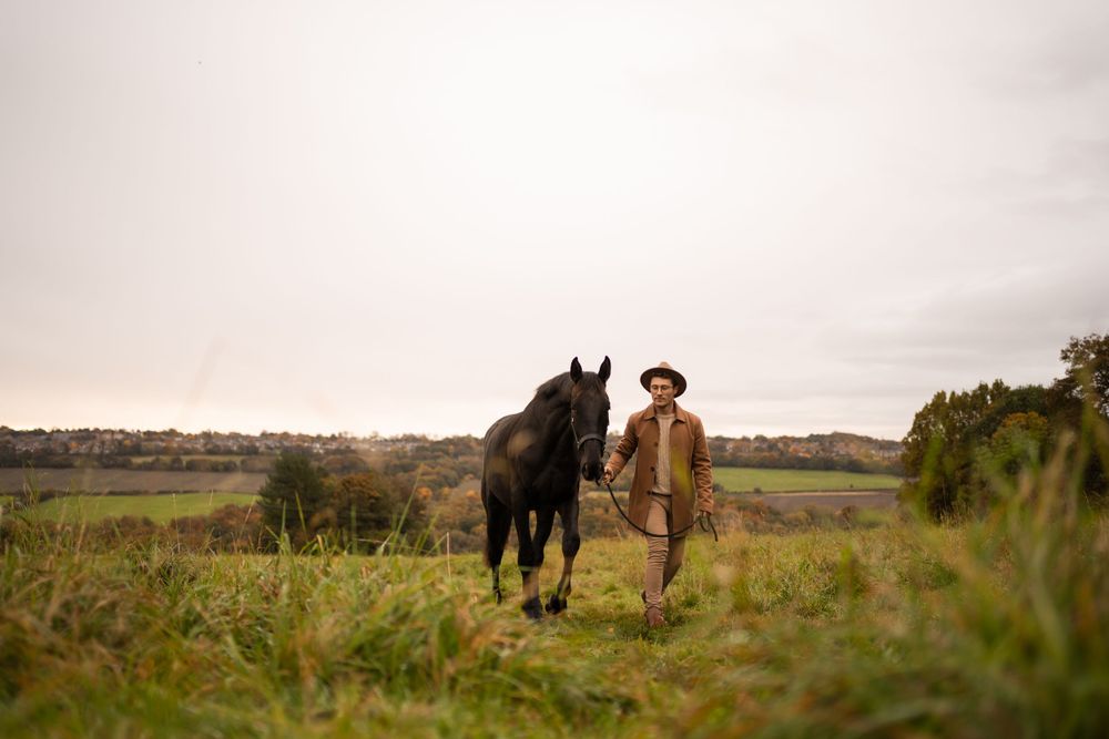 A scenic countryside photo of a black horse and rider walking through a grassy field.