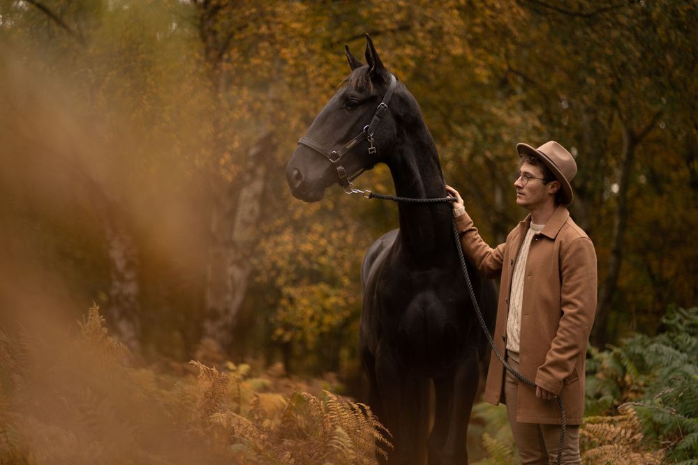 An autumn portrait of a black horse and handler against golden fall foliage.