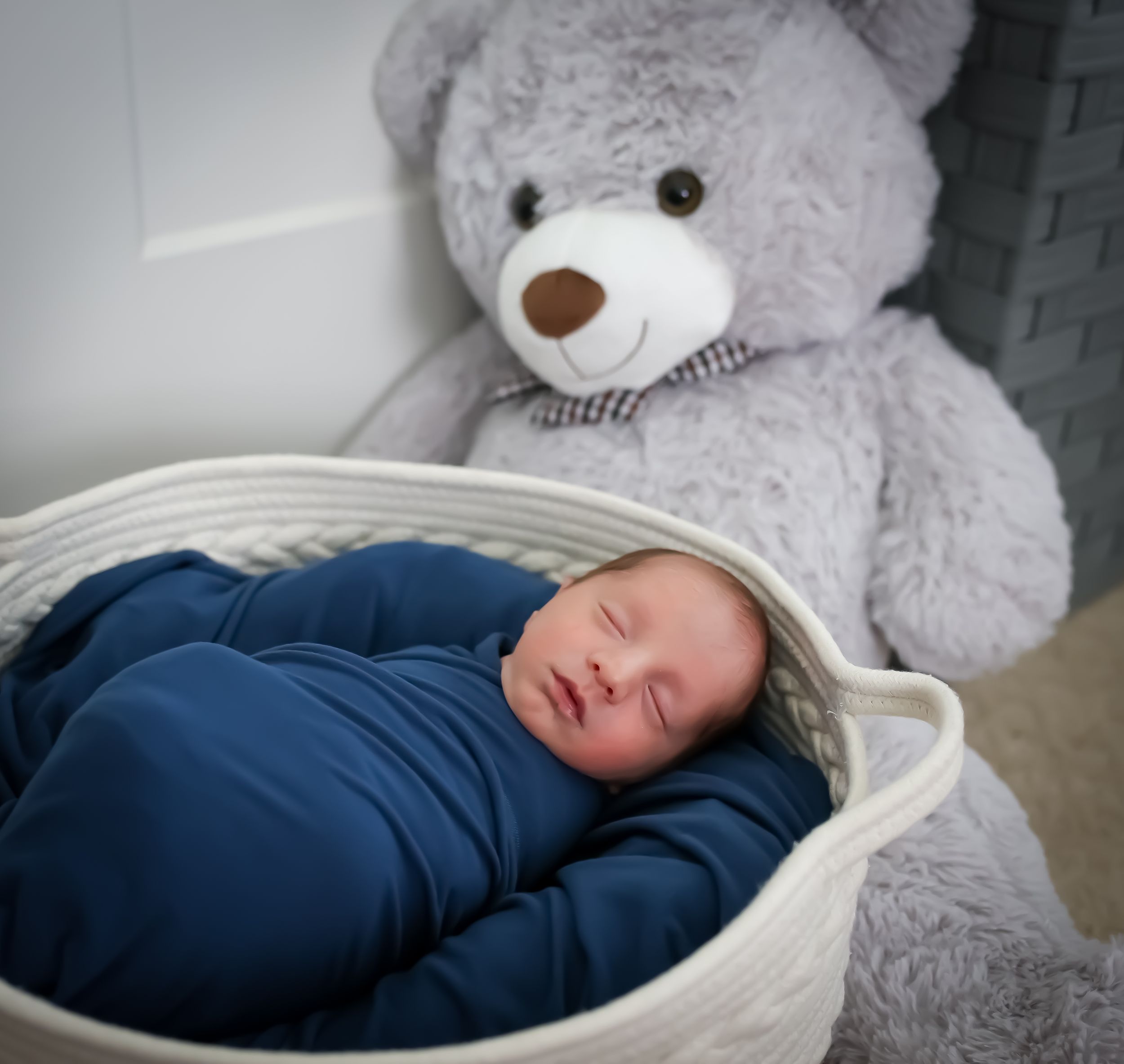 Baby sleeping peacefully next to large grey teddy bear in white bassinet.