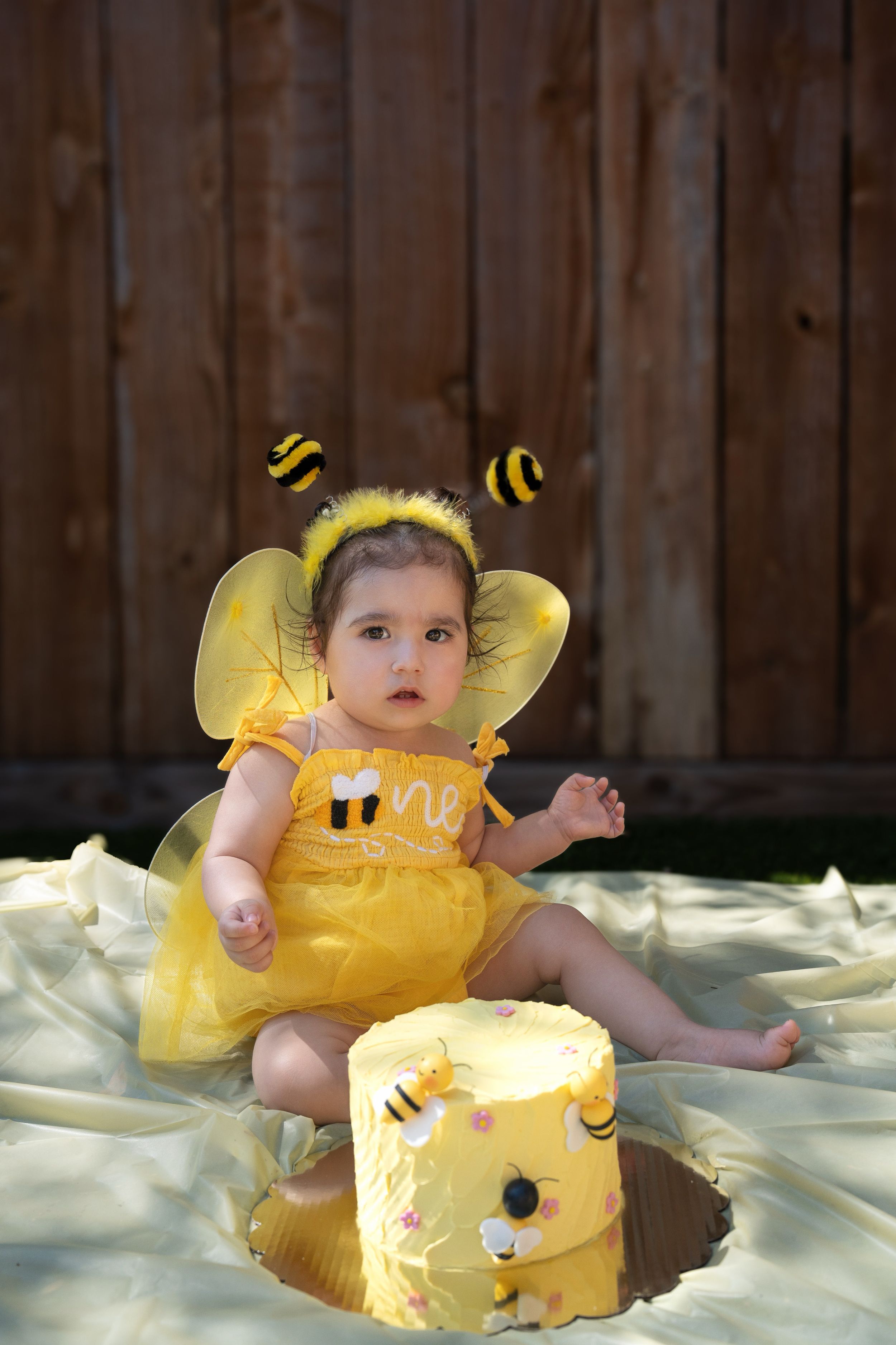 Baby in yellow bee costume sitting next to matching yellow cake during cake smash photo session.