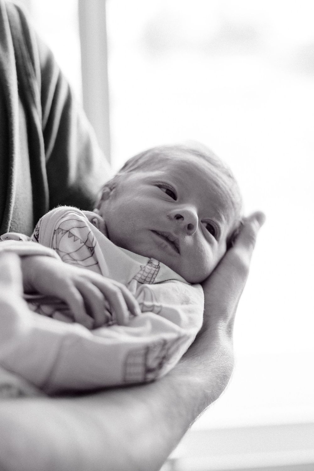 Black and white photo series showing a newborn baby being cradled in gentle arms in soft natural light.