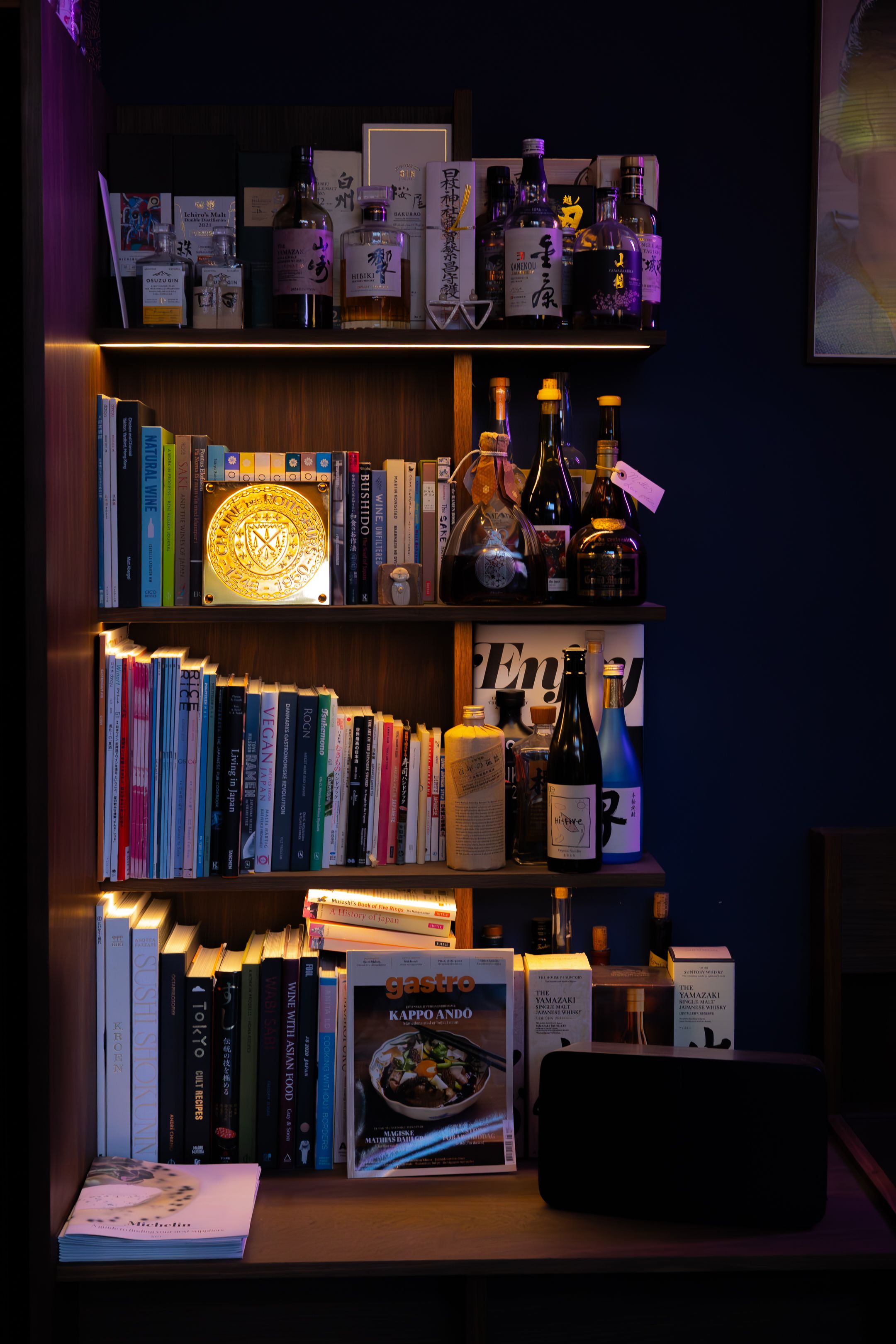Cozy bookshelf with warm glowing lamps creating an intimate reading atmosphere in a dimly lit room.