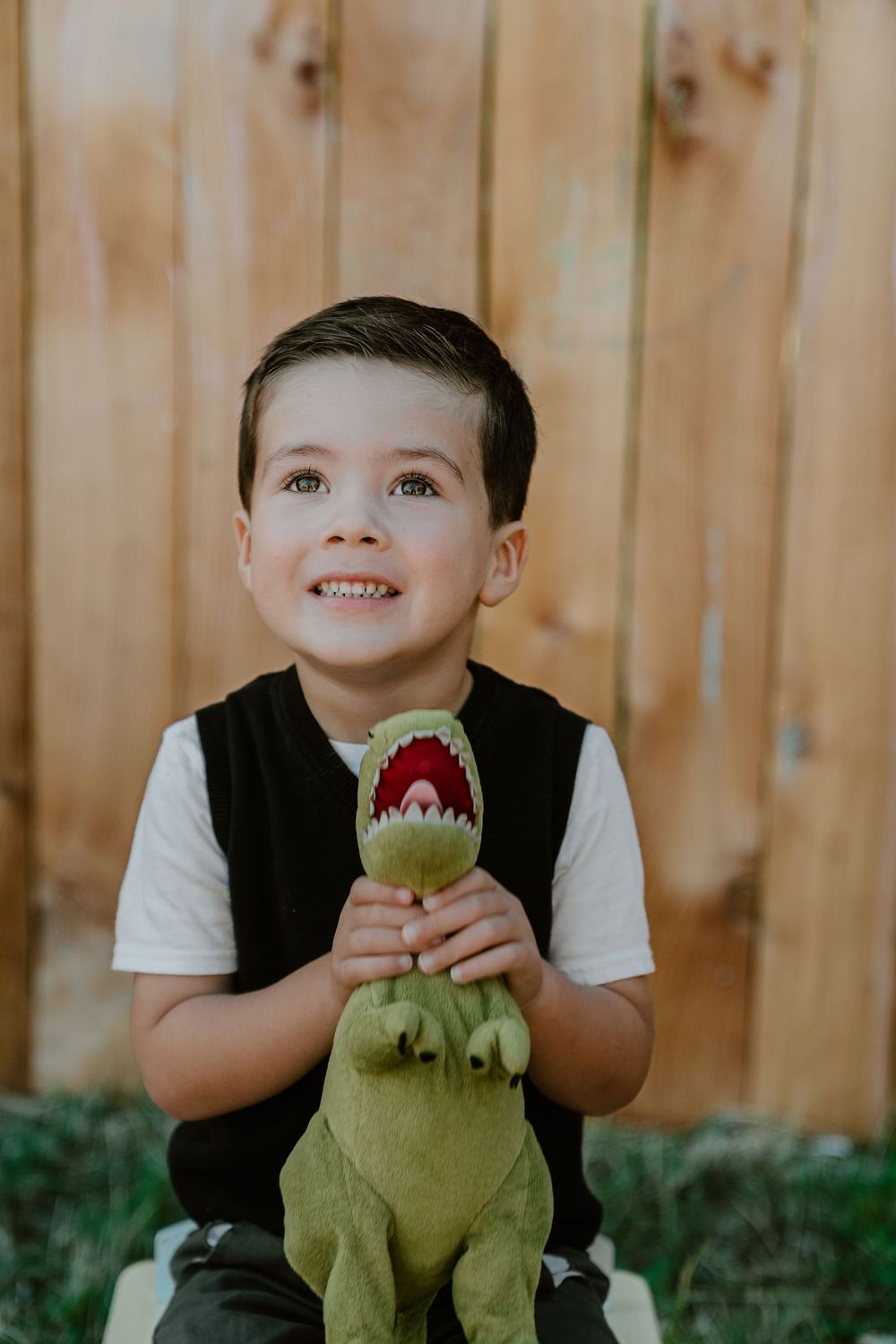 Cute young boy smiling while holding green T-Rex stuffed dinosaur toy against wooden fence backdrop.