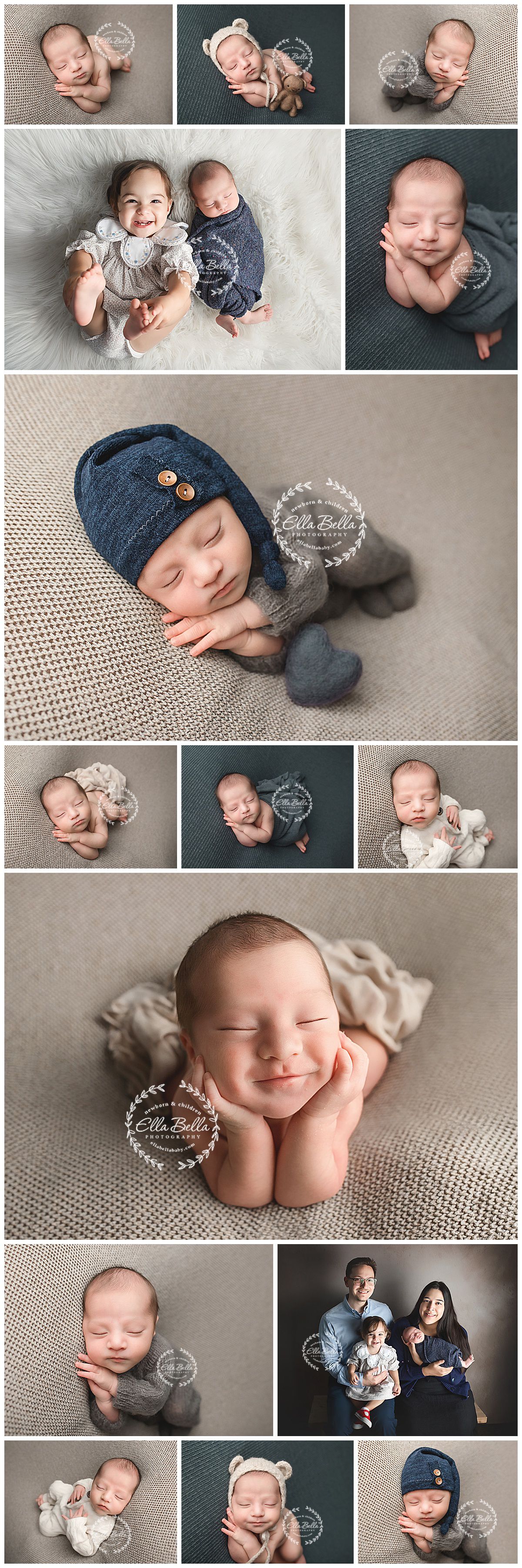 Collection of professional newborn photography portraits featuring navy blue and neutral tones on textured backgrounds.
