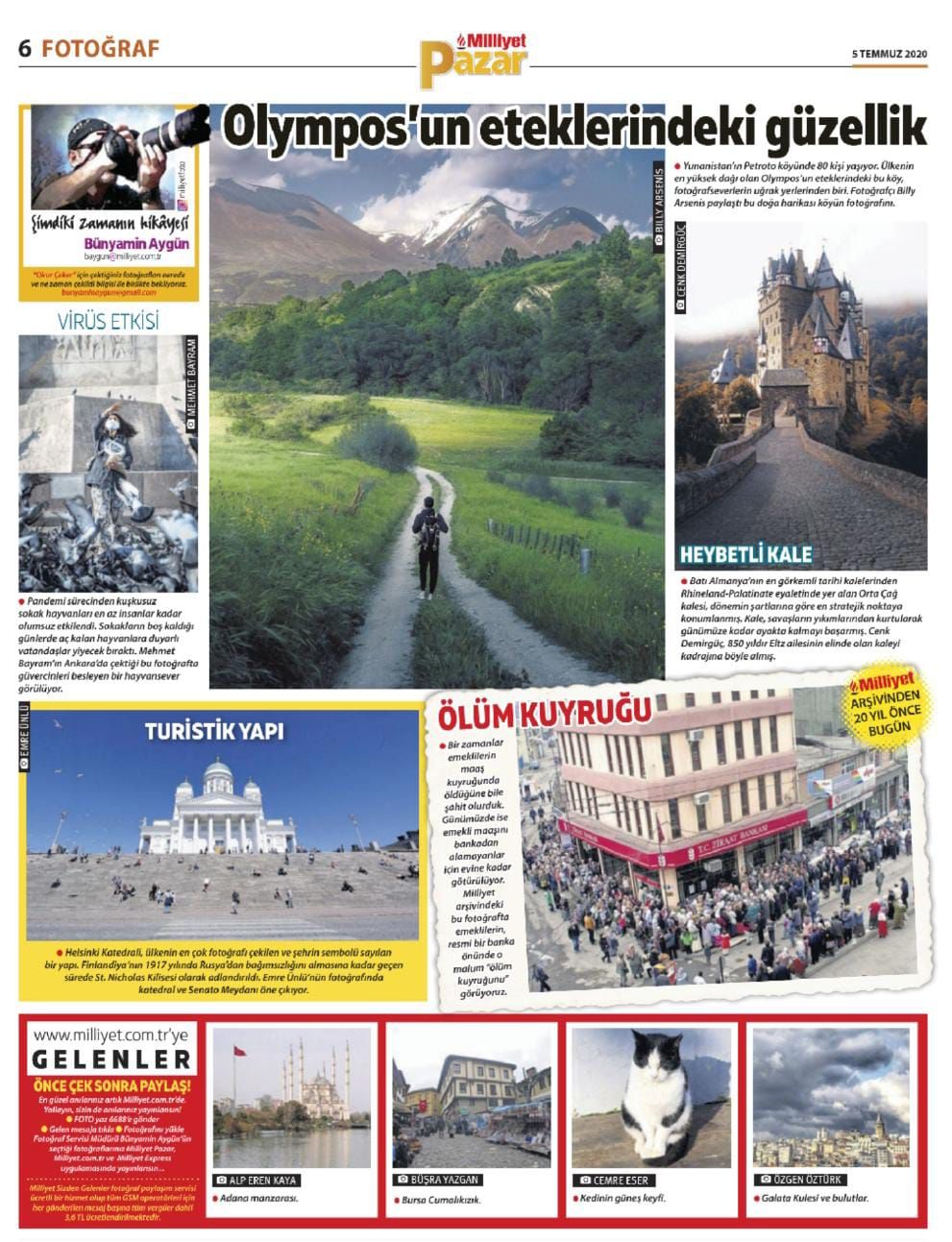 Newspaper front page layout featuring travel and landscape photography with multiple image thumbnails and headline.