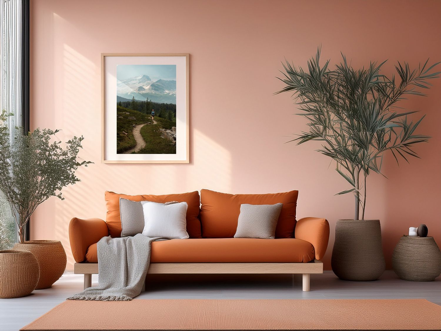 Contemporary living room with orange sofa, gray pillows, and framed landscape art on salmon-colored wall.