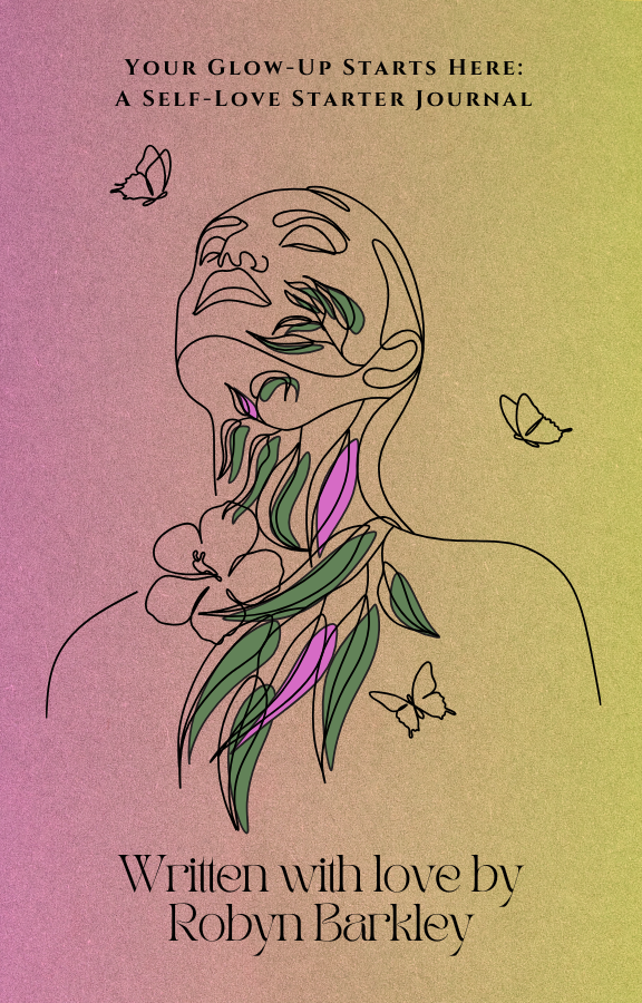 A self-love starter journal cover with artistic line drawing of face and flowers on pink-yellow gradient background.
