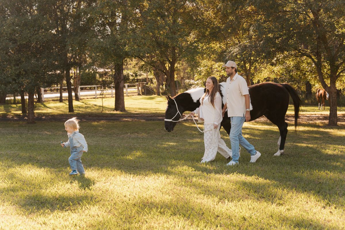 Family walking with a dark horse on lush green grass surrounded by trees on a sunny day during a maternity photoshoot with a horse in sydney