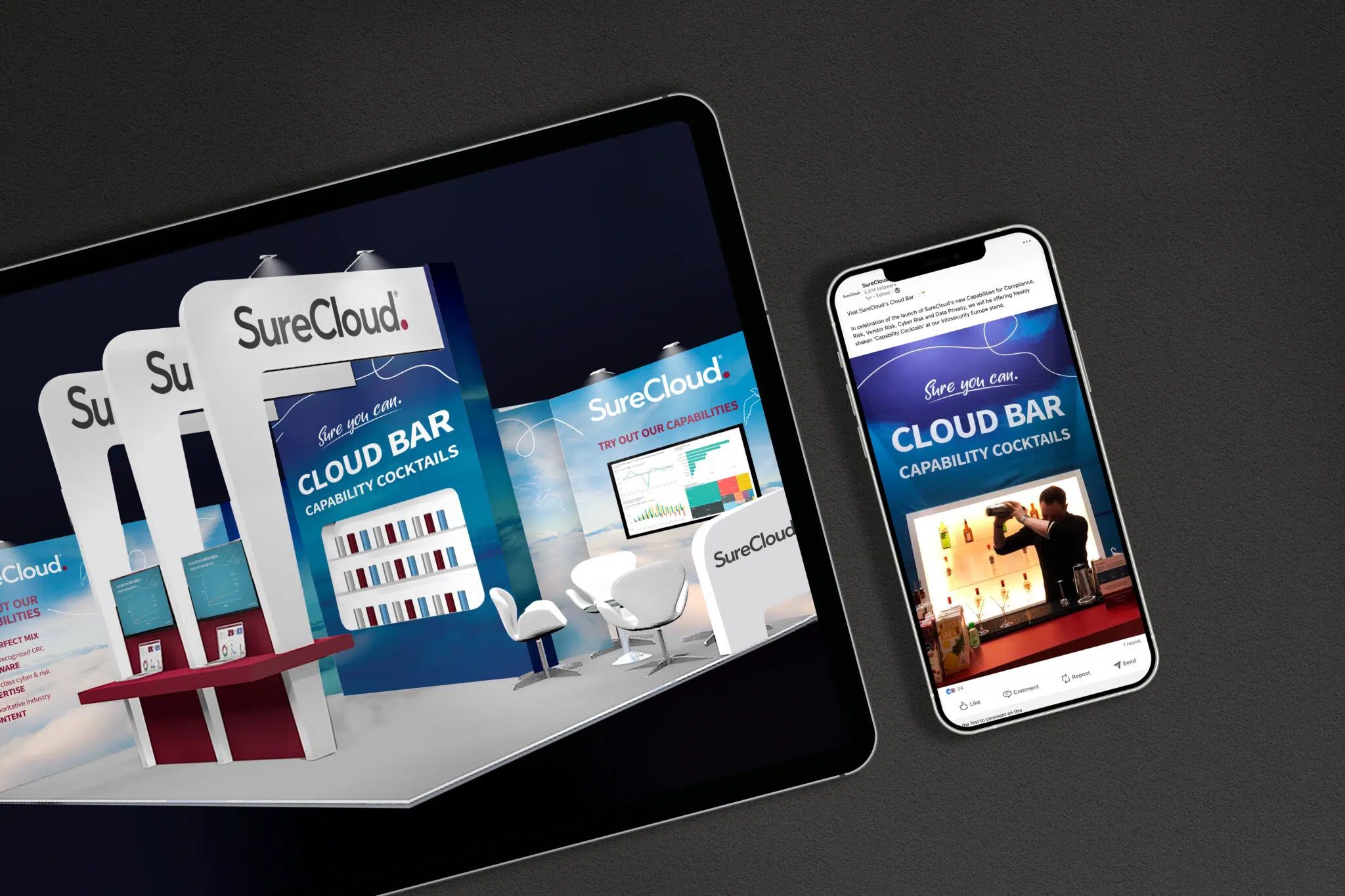 Tablet and smartphone displaying SureCloud Cloud Bar marketing materials against a dark background.
