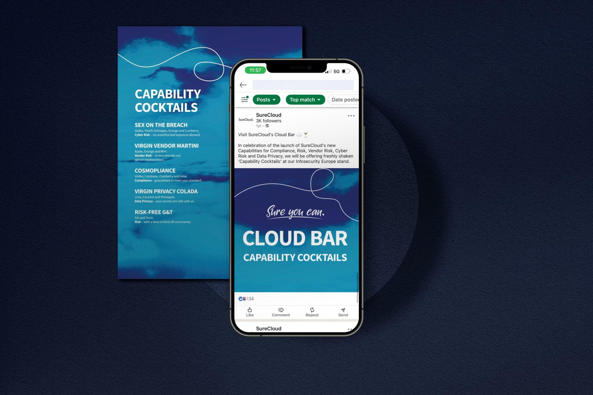 Blue marketing materials for Cloud Bar Capability Cocktails event, featuring a flyer and smartphone mockup on dark background.