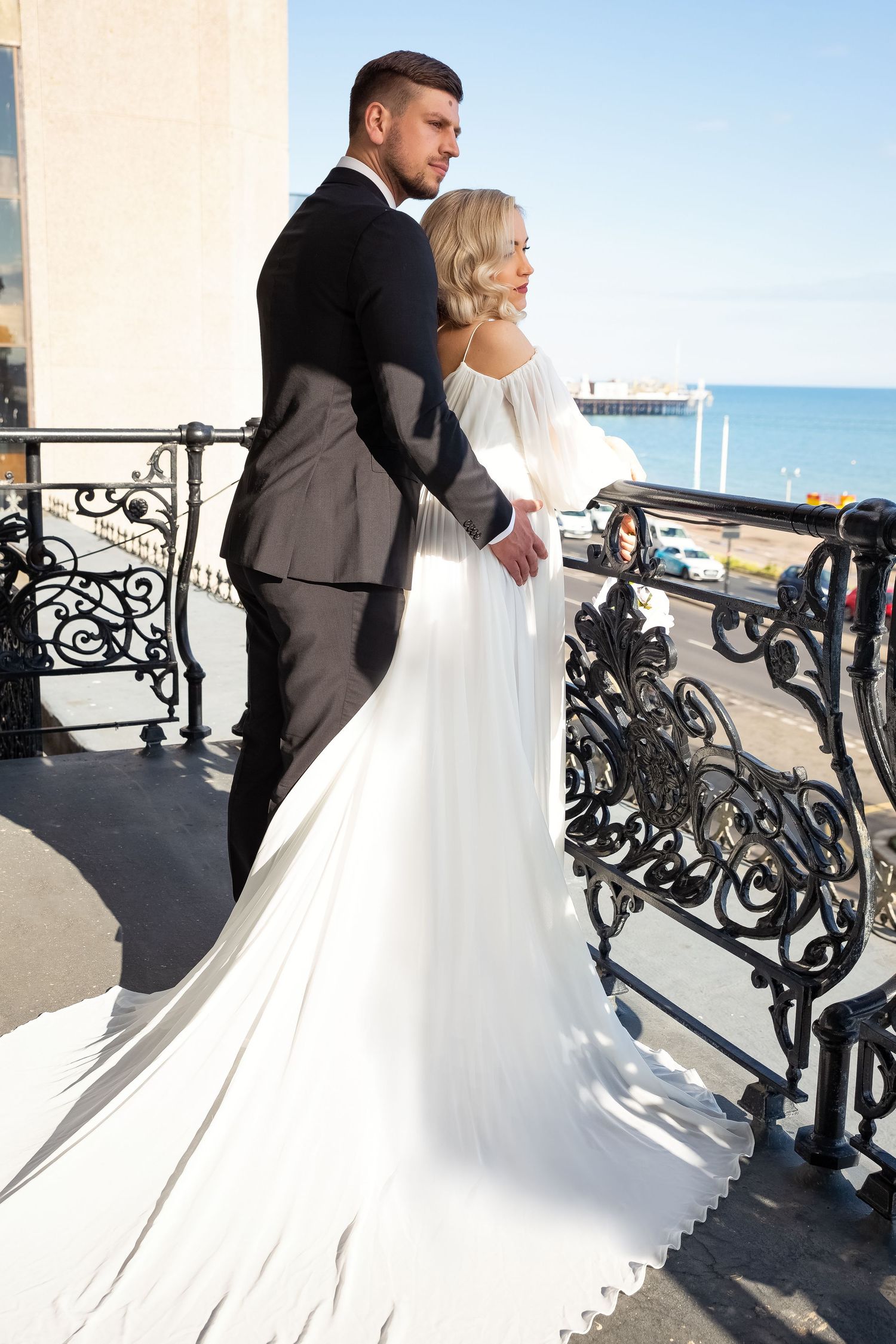 Fine art wedding photography in London. Stylish bride and groom portrait session by the coast by Virginija Photography.