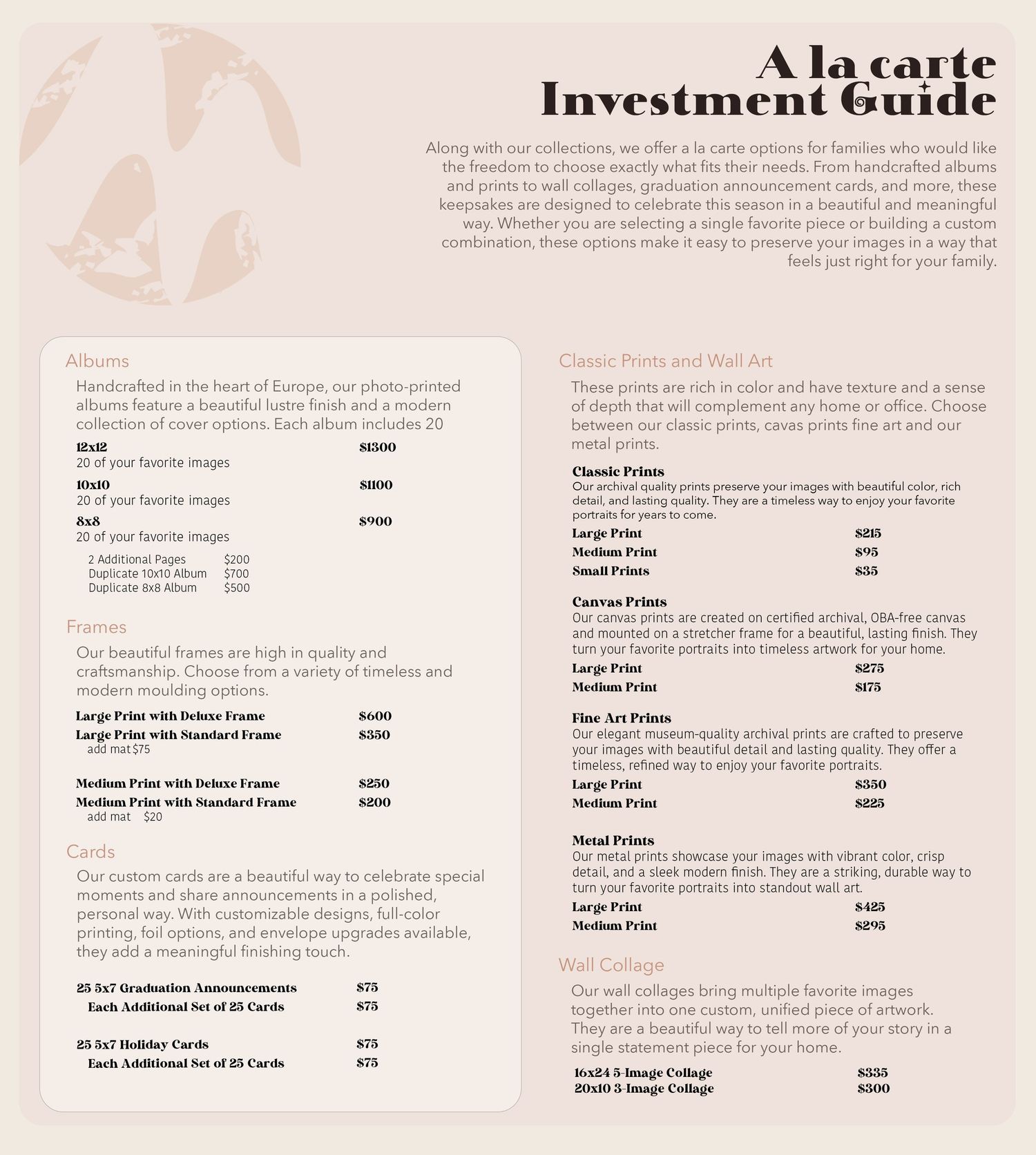 A la carte investment guide displaying album, print, and wall collage pricing options with decorative floral accents.