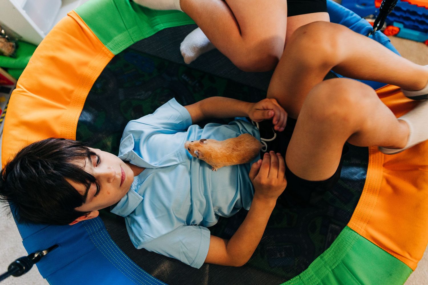 Child playing with a hamster while relaxing in a colorful indoor swing during Charlotte photos.