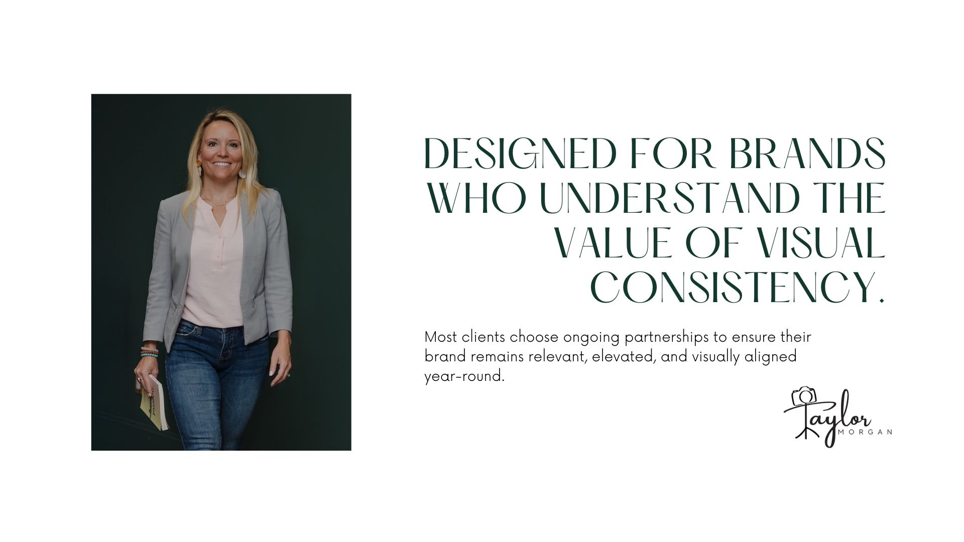 A blonde woman in a white blazer poses beside text about visual consistency for brands on a white background.