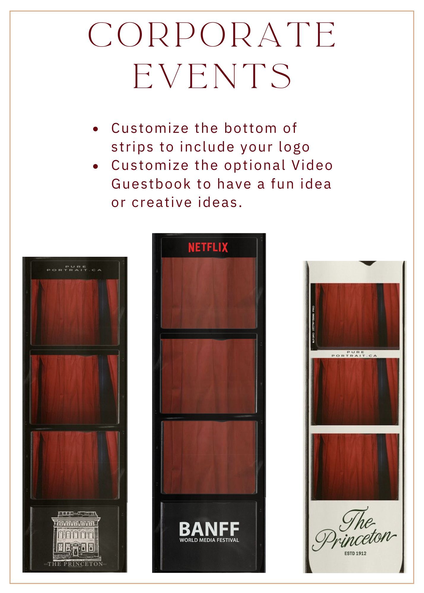 Corporate event photo booth strips showcasing customizable logo branding and creative designs for professional gatherings.