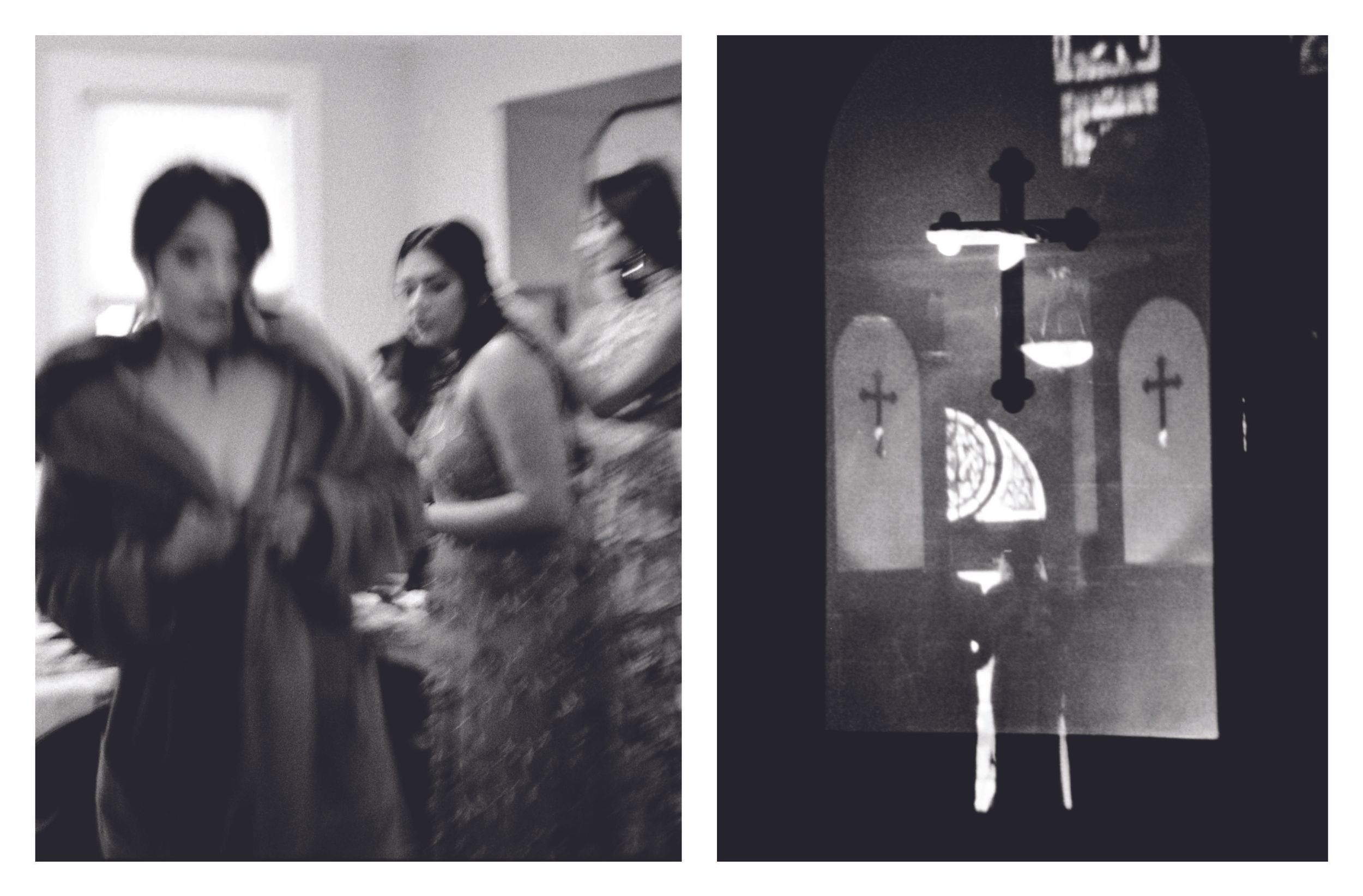 Blurry black and white photo of women gathered indoors near a church altar with crosses.