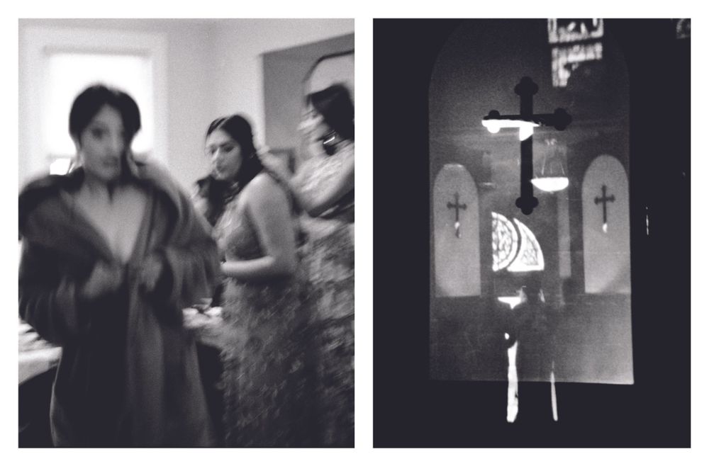 Blurry black and white photo of women gathered indoors near a church altar with crosses.