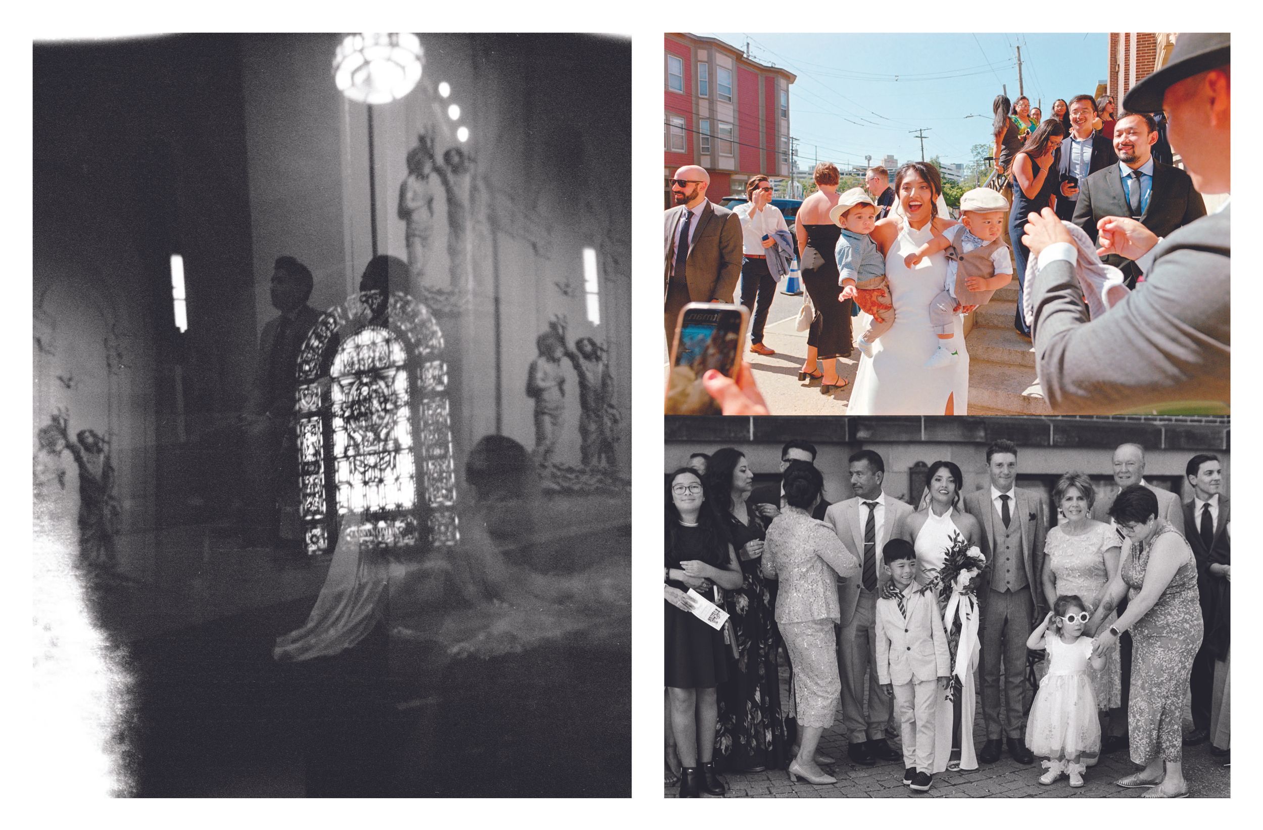 A triptych of wedding moments including a church ceremony and outdoor celebrations with guests.