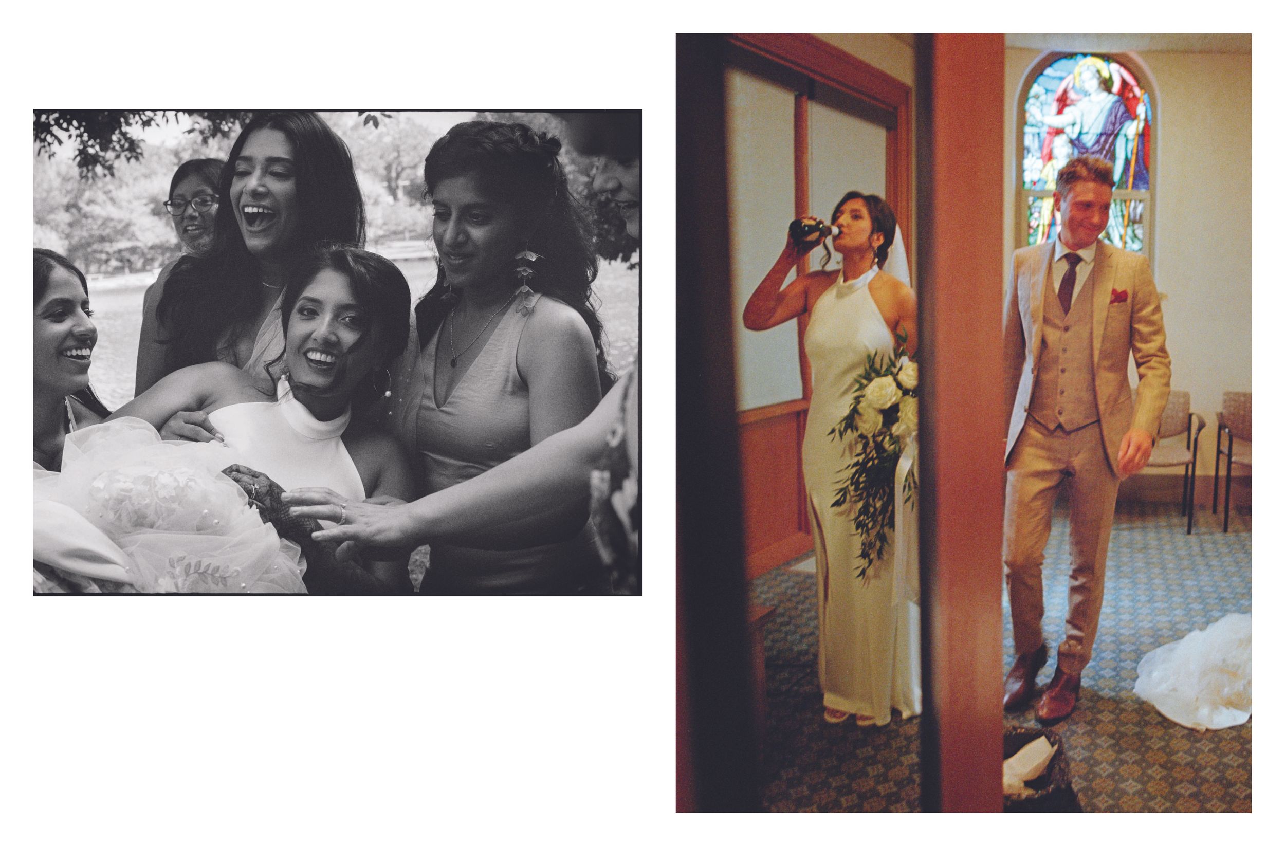 A split image of bridesmaids embracing a bride and a couple posing by a stained glass window.