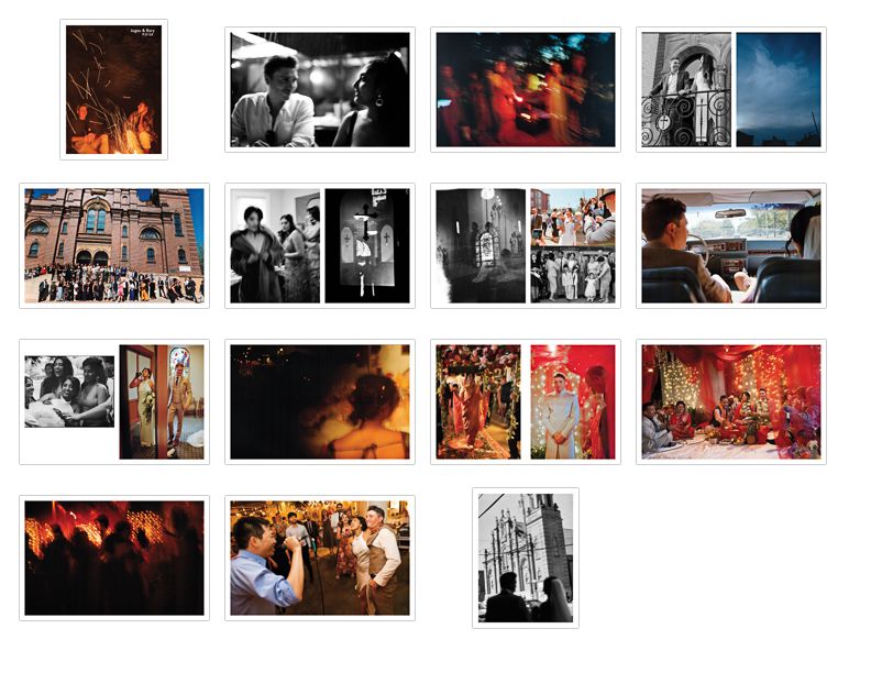 A collage of candid wedding photography shots in various styles including black and white and color film.