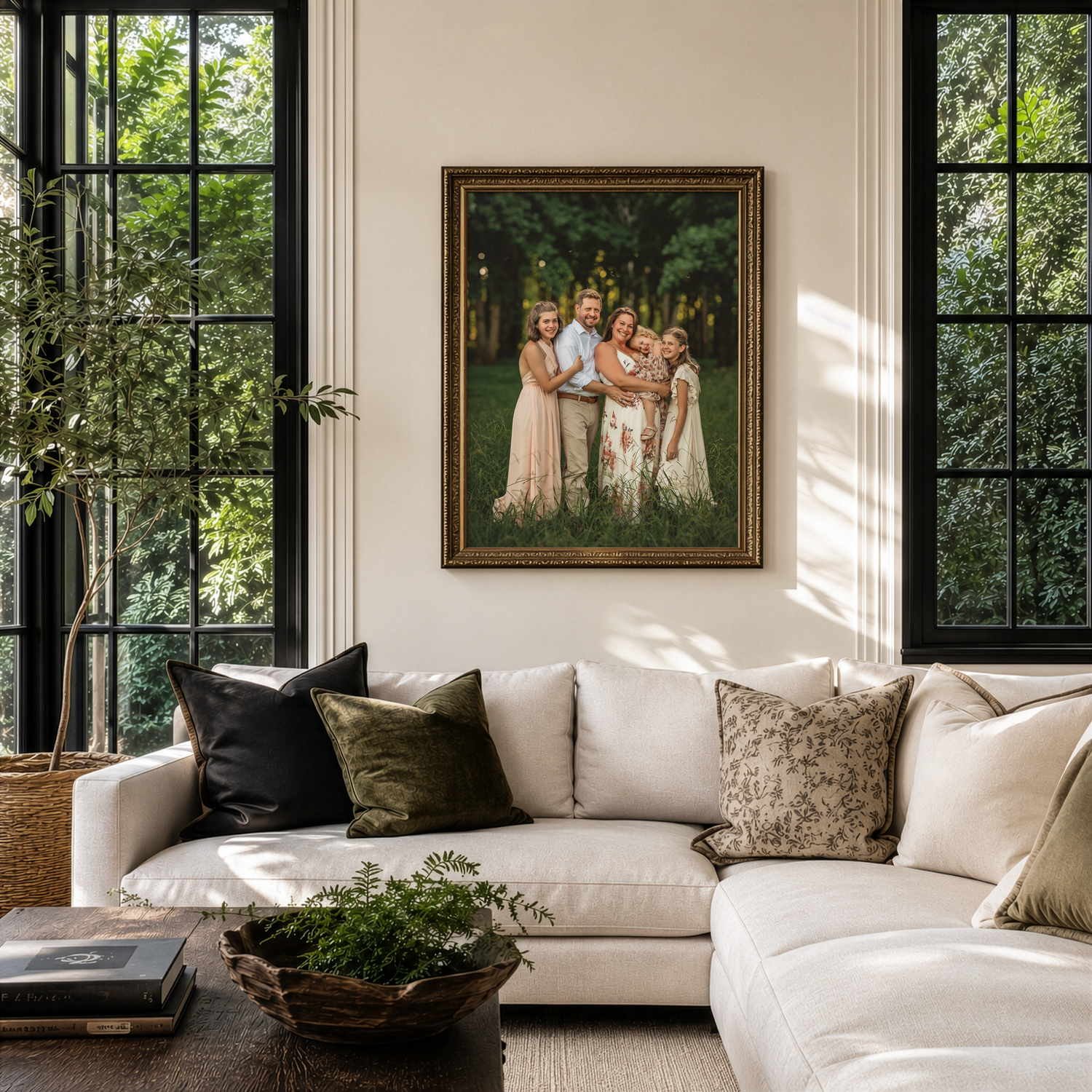 Elegant living room with a large framed family portrait above a white sectional sofa, flanked by tall black-framed windows.