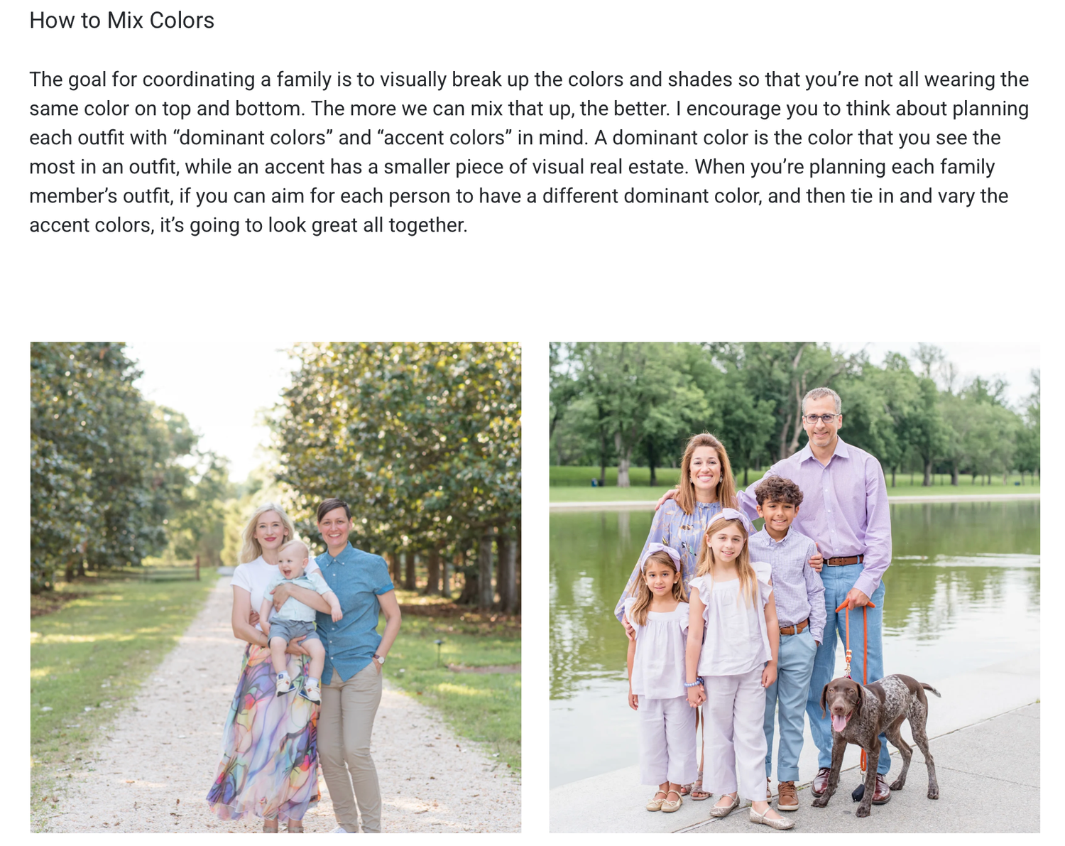 Family photo session prep guide and outfit planning resources from Sarah Thayer Photography: how to mix colors and coordinate your family