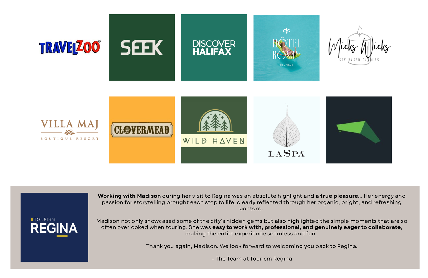 Six brand logos and photos for La Spa Naturals, Tourism Regina, and Hotel Rosay businesses displayed in a grid layout.