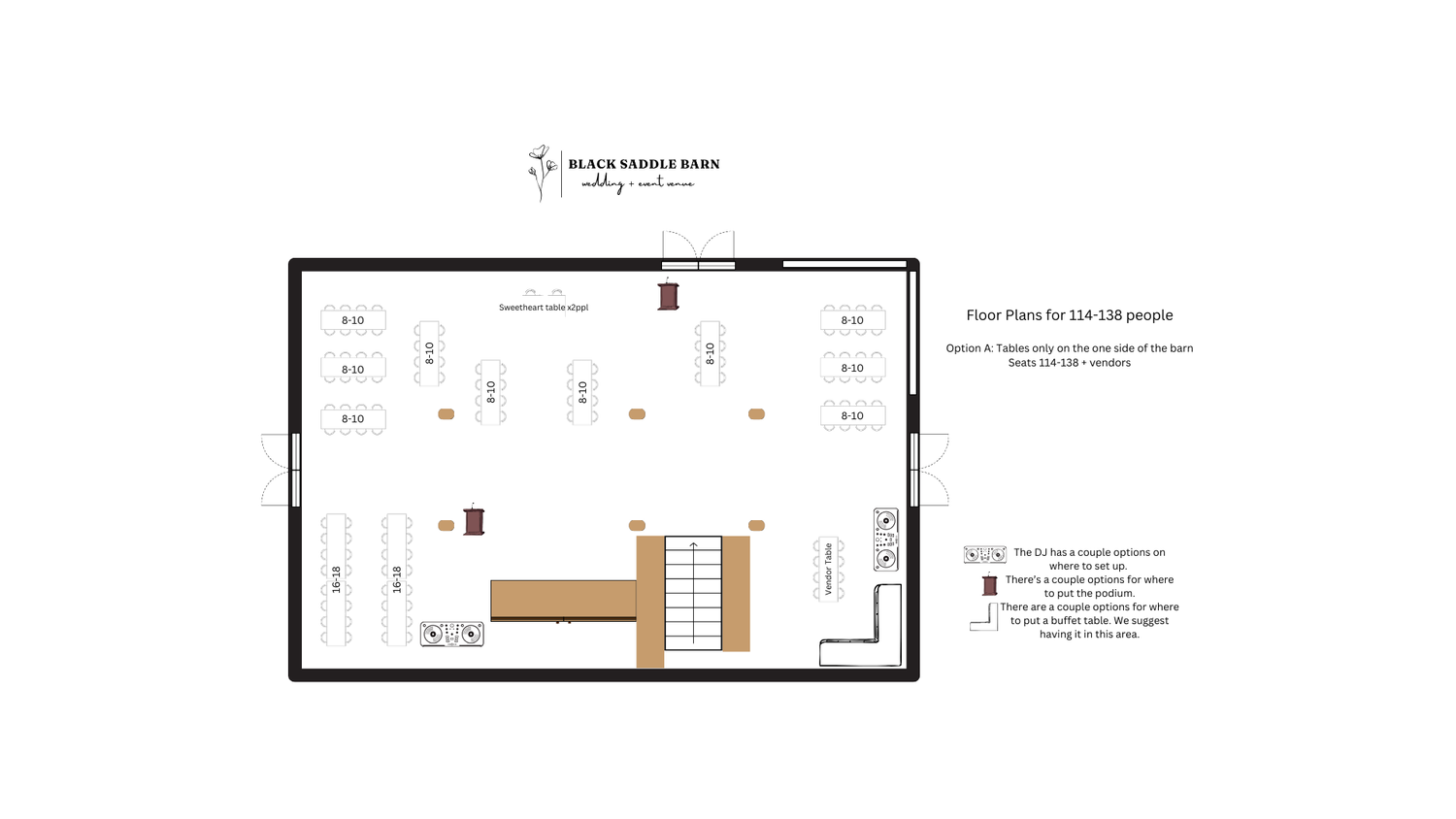 Barn wedding floor plan for 114–138 guests showing structured harvest tables and central flow design.