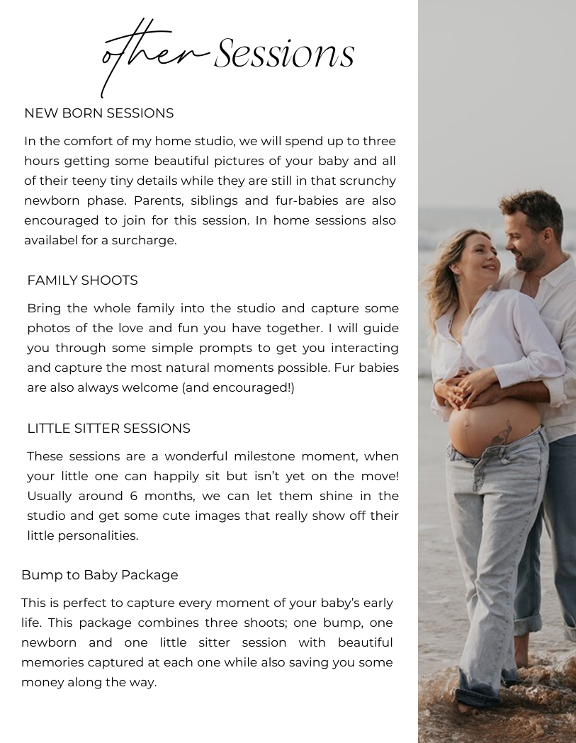 A couple shares a tender embrace outdoors, featured alongside newborn and family photography session descriptions.