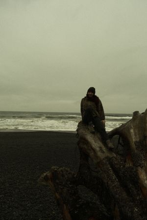 A solitary figure sits on driftwood overlooking a moody black sand beach with crashing waves under cloudy skies.